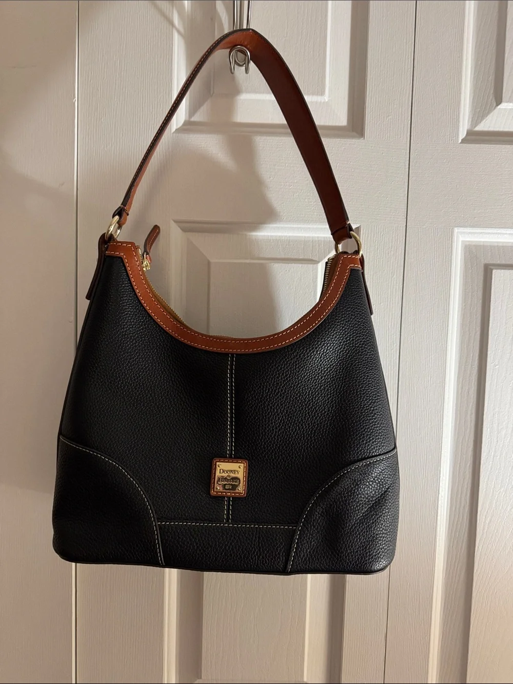 Dooney & Bourke Black Pebble Leather Shoulder Bag with Brown Trim